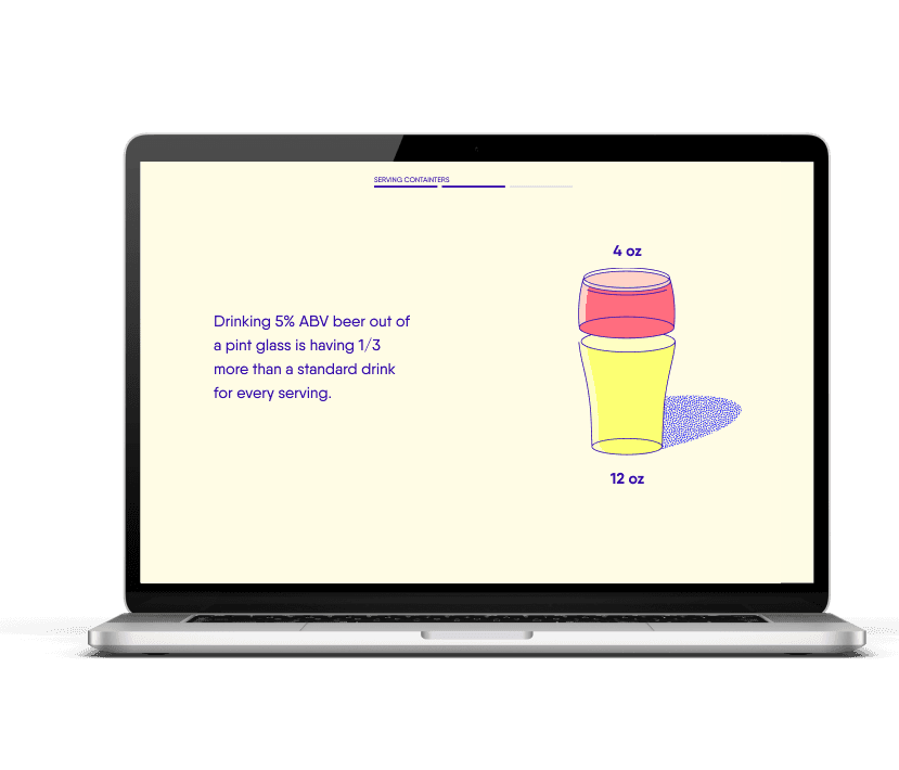 Alcohol 101+ standard drink size page on laptop